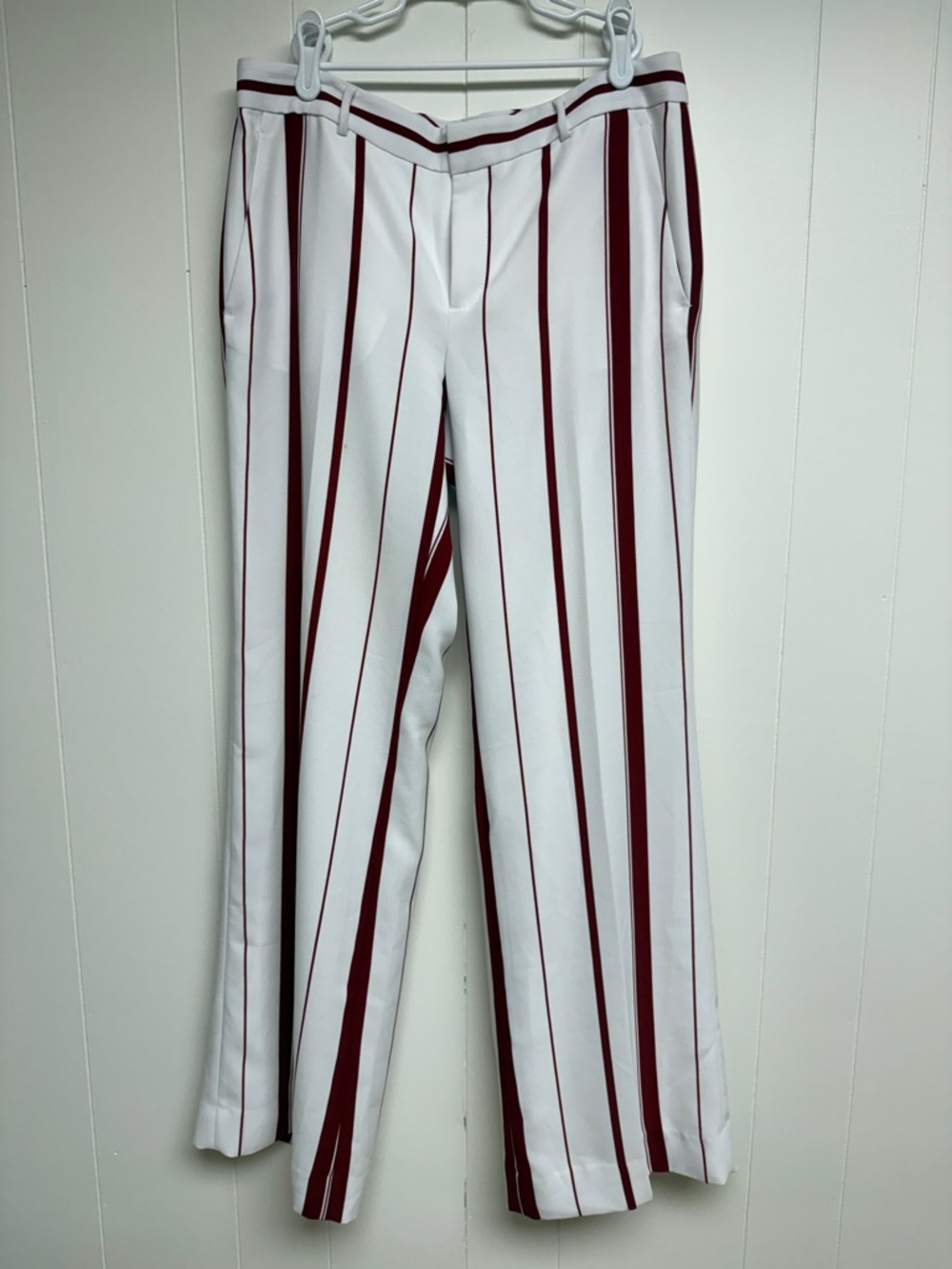 White Pants with Burgundy Vertical Stripes